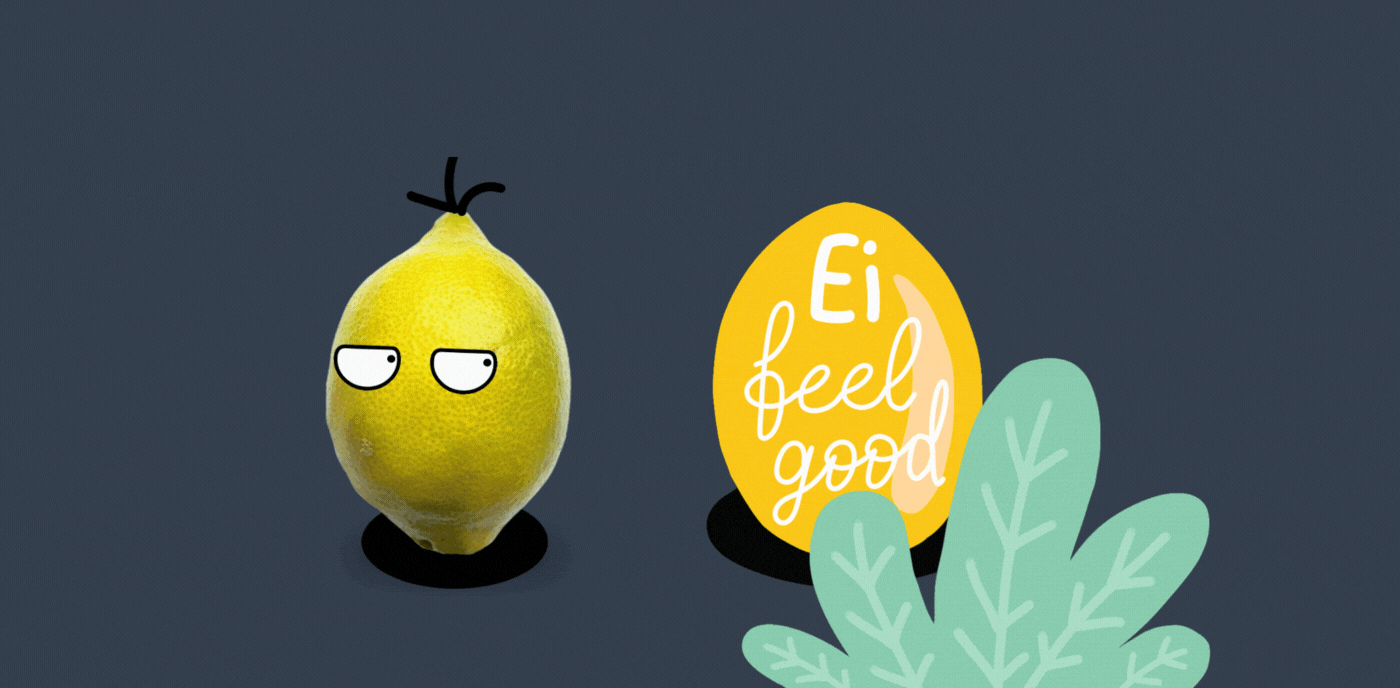 Animation: Zitrone mit Augen schaut einem rotierendem gelben Ei zu, auf dem steht Ei feel good.