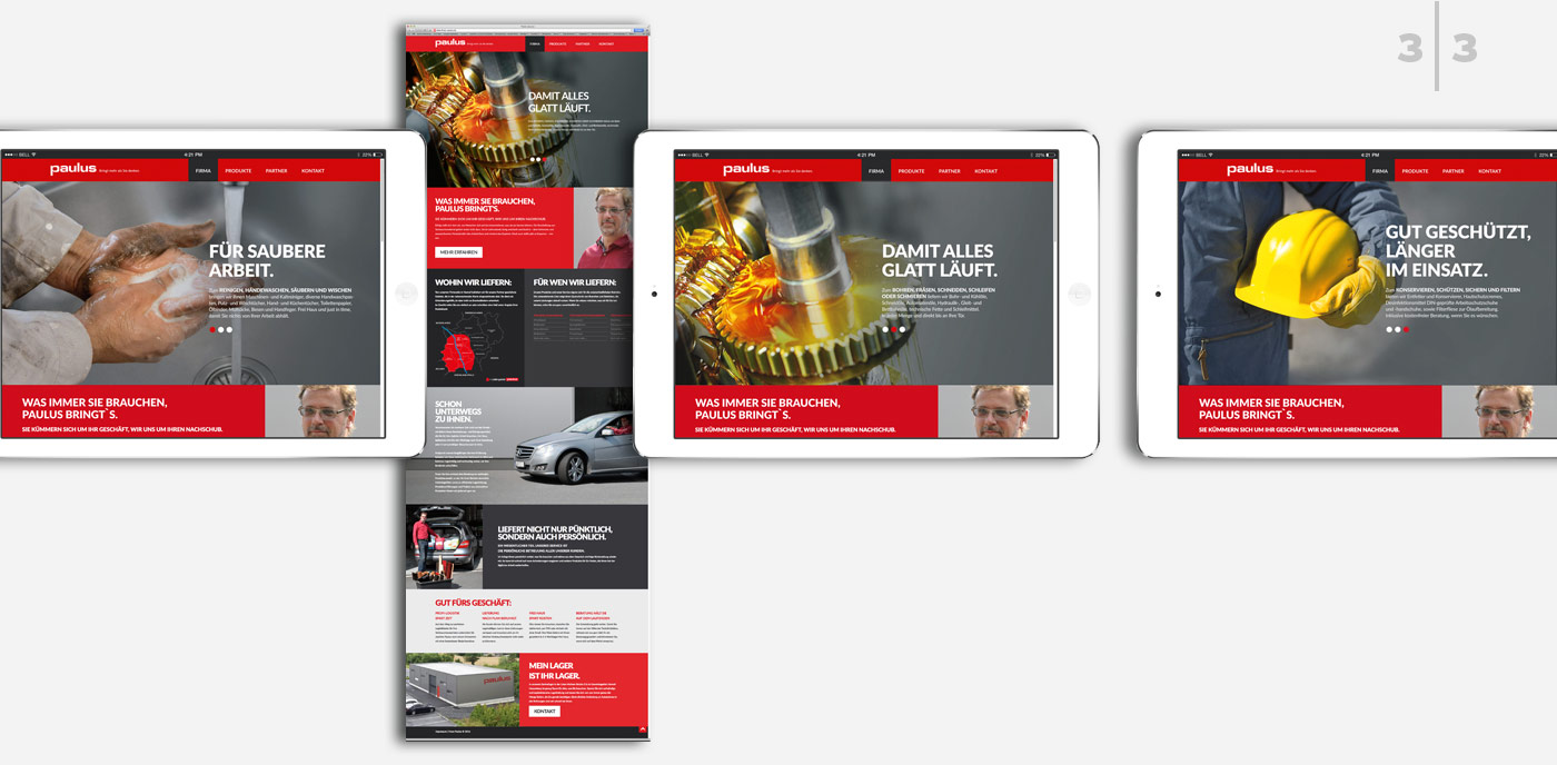 Webseite von Paulus im neuen Corporate Design mit Sliderdarstellung im iPad