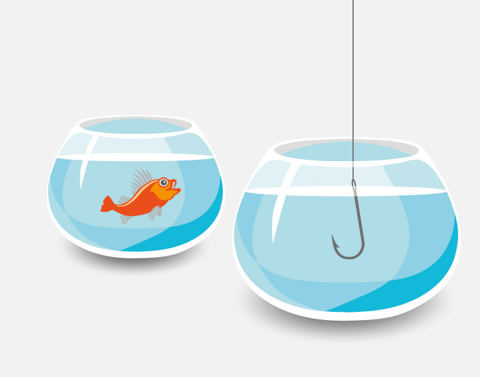 Ein Goldfischglas mit Fisch und ein leeres Goldfischglas in dem ein Angelhaken hängt.