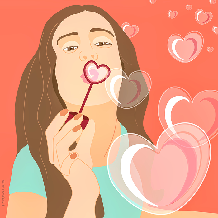 Illustration von Frau, die Seifenblasen-Herzen pustet.