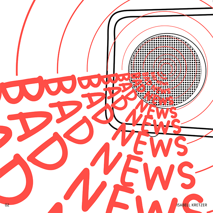 Linker Teil von Illustration mit Radio, woraus Schallwellen kommen mit den Wörtern Bad News
