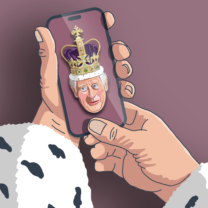 Portrait-Illustration auf Mobil-Gerät, dass der König in den Händen hält