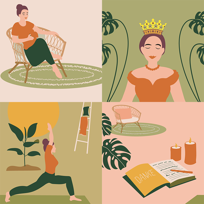 Illustrationen zum Thema gute Ritale, wie Yoga, Mediation und Dankeliste