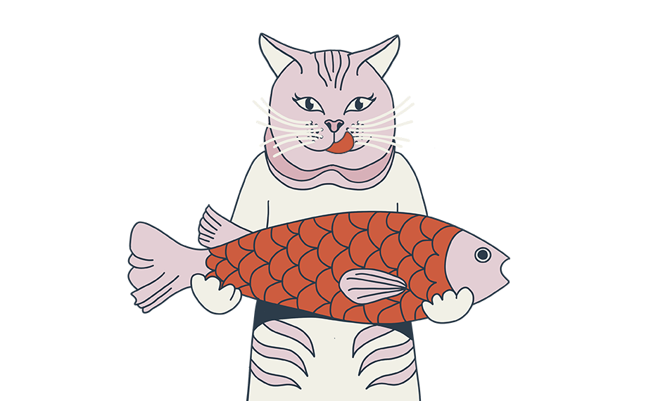Illustration von Katze, die sich die Zunge leckt, weil sie Fisch vor sich trägt.