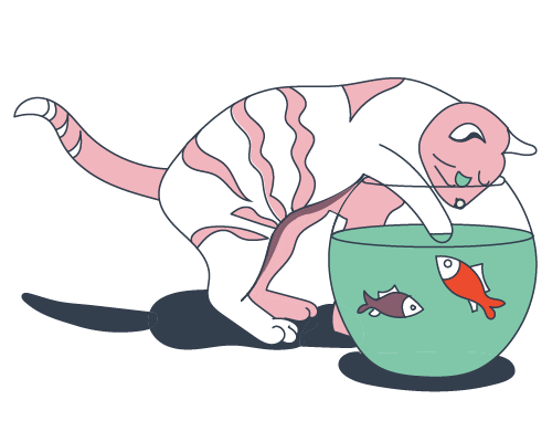 Illustration: Katze fischt Fisch im Goldfischglas