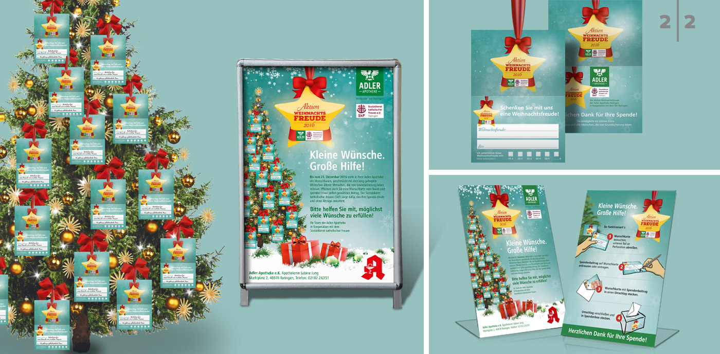 Baumhänger mit Wunsch, Kundenstopper-Plakat mit Wunschbaumaktion, Thekenaufsteller zu der Spendenaktion Wunschbaum